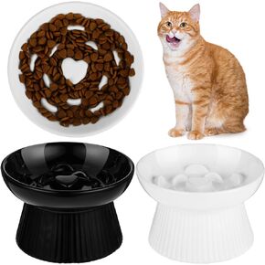 Tioncy 2 Pcs Ceramic Slow Feeder Raised Cat Bowl Cat Food Bowl Elevated Cat Bowls Dry Wet Food and Water Bowl Easy to Clean Pet Bowls High Edge for Cats Small Dogs, Dishwasher Safe (Dark Green, Black)