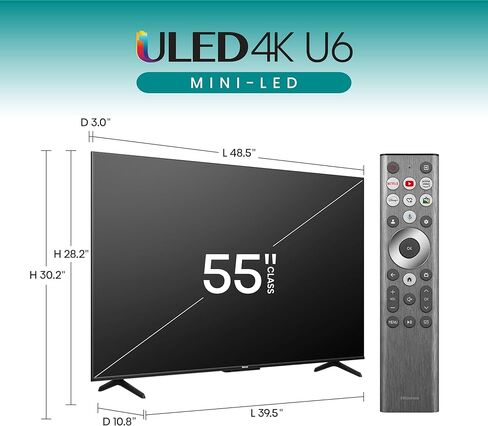 تلفزيون Hisense 85 بوصة فئة U6 Mini-LED ULED 4K UHD Google Smart TV (85U6N، موديل 2024) - QLED، معدل الحركة 240، HDR 10+، التعتيم المحلي الكامل للصفيف، وضع الألعاب Plus، توافق Alexa in Kuwait