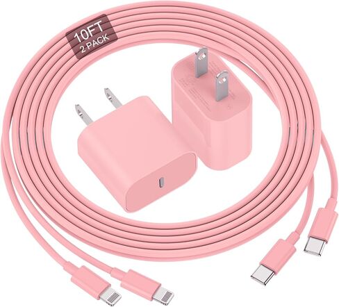 for iPhone Charger Fast Charging, [MFi Certified] 10 FT Long USB C to Lightning Cable with 20W USB C Rapid Charging Block, Fast Charger for iPhone 14 Pro/13Pro Max/12/11Pro/Mini/, 2 Pack - Pink in Kuwait