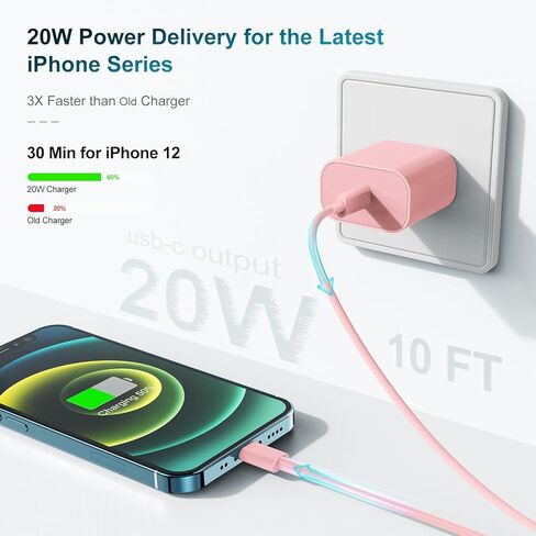 for iPhone Charger Fast Charging, [MFi Certified] 10 FT Long USB C to Lightning Cable with 20W USB C Rapid Charging Block, Fast Charger for iPhone 14 Pro/13Pro Max/12/11Pro/Mini/, 2 Pack - Pink in Kuwait