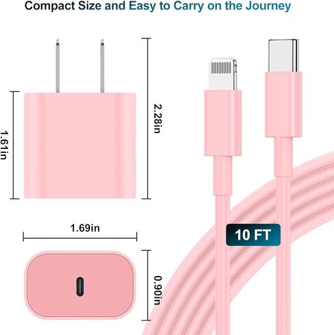 for iPhone Charger Fast Charging, [MFi Certified] 10 FT Long USB C to Lightning Cable with 20W USB C Rapid Charging Block, Fast Charger for iPhone 14 Pro/13Pro Max/12/11Pro/Mini/, 2 Pack - Pink in Kuwait