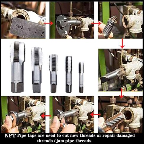 مجموعة حنفية أنابيب NPT مكونة من 5 قطع، 3/4 بوصة، 1/2 بوصة، 3/8 بوصة، 1/4 بوصة، 1/8 بوصة مجموعة حنفية NPT، مجموعة صنبور سباكة يدوية من الفولاذ الكربوني للتنظيف/إعادة الخيط التالف/ خيوط أنابيب المربى in Kuwait