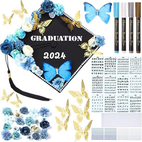 Lyrow 55 Pcs Graduation Cap Decorations Kits Included Grad Cap Pens Faux Flower Heads Letter Number Stencils Rhinestones 3D Butterfly Stickers for Adult Graduation Cap Topper DIY Craft Art (Blue) in Saudi Arabia
