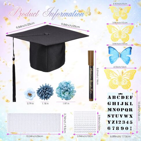 Lyrow 55 Pcs Graduation Cap Decorations Kits Included Grad Cap Pens Faux Flower Heads Letter Number Stencils Rhinestones 3D Butterfly Stickers for Adult Graduation Cap Topper DIY Craft Art (Blue) in Saudi Arabia