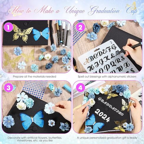 Lyrow 55 Pcs Graduation Cap Decorations Kits Included Grad Cap Pens Faux Flower Heads Letter Number Stencils Rhinestones 3D Butterfly Stickers for Adult Graduation Cap Topper DIY Craft Art (Blue) in Saudi Arabia