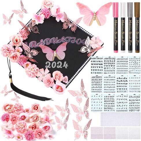 Lyrow 55 Pcs Graduation Cap Decorations Kits Included Grad Cap Pens Faux Flower Heads Letter Number Stencils Rhinestones 3D Butterfly Stickers for Adult Graduation Cap Topper DIY Craft Art (Blue) in Saudi Arabia