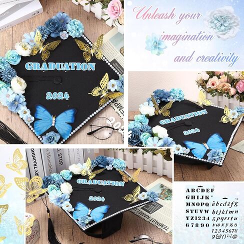 Lyrow 55 Pcs Graduation Cap Decorations Kits Included Grad Cap Pens Faux Flower Heads Letter Number Stencils Rhinestones 3D Butterfly Stickers for Adult Graduation Cap Topper DIY Craft Art (Blue) in Saudi Arabia