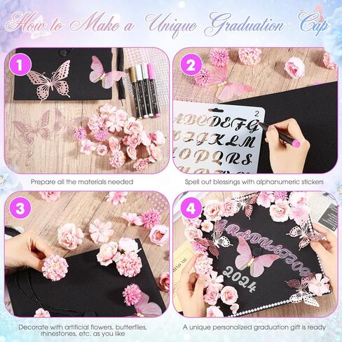 Lyrow 55 Pcs Graduation Cap Decorations Kits Included Grad Cap Pens Faux Flower Heads Letter Number Stencils Rhinestones 3D Butterfly Stickers for Adult Graduation Cap Topper DIY Craft Art (Blue) in Saudi Arabia