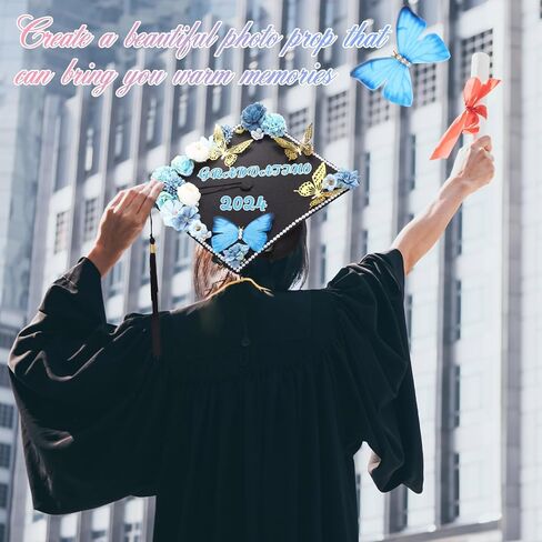Lyrow 55 Pcs Graduation Cap Decorations Kits Included Grad Cap Pens Faux Flower Heads Letter Number Stencils Rhinestones 3D Butterfly Stickers for Adult Graduation Cap Topper DIY Craft Art (Blue) in Saudi Arabia