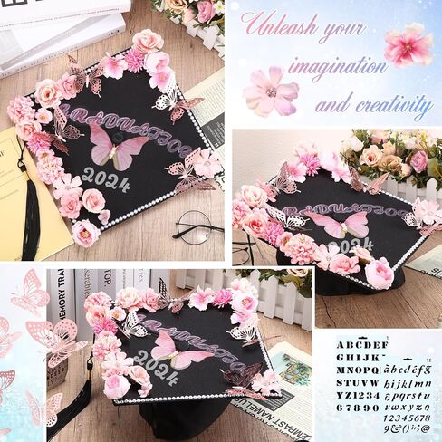 Lyrow 55 Pcs Graduation Cap Decorations Kits Included Grad Cap Pens Faux Flower Heads Letter Number Stencils Rhinestones 3D Butterfly Stickers for Adult Graduation Cap Topper DIY Craft Art (Blue) in Saudi Arabia