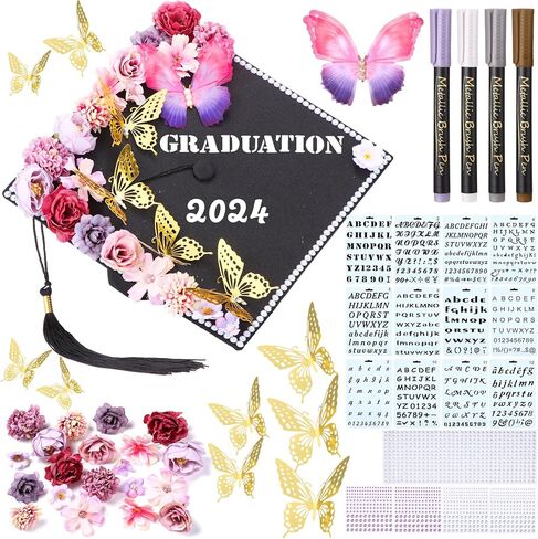Lyrow 55 Pcs Graduation Cap Decorations Kits Included Grad Cap Pens Faux Flower Heads Letter Number Stencils Rhinestones 3D Butterfly Stickers for Adult Graduation Cap Topper DIY Craft Art (Blue) in Saudi Arabia