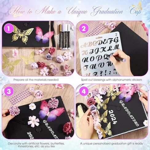 Lyrow 55 Pcs Graduation Cap Decorations Kits Included Grad Cap Pens Faux Flower Heads Letter Number Stencils Rhinestones 3D Butterfly Stickers for Adult Graduation Cap Topper DIY Craft Art (Blue) in Saudi Arabia