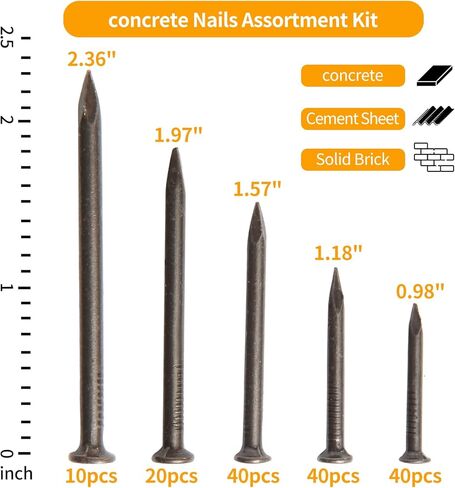 150 مسمارًا من الفولاذ المقسى | مجموعة متنوعة من مسامير الأجهزة 40 * 0.98 بوصة، 40 * 1.18 بوصة، 20 * 1.57 بوصة، 20 * 1.96 بوصة، 10 * 2.36 بوصة | أظافر مسطحة وخرسانية in Kuwait