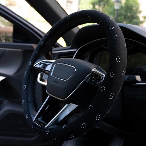 Cute Steering Wheel Cover Soft Fabric Car Wheel Cover for Women Men Car Interior Décor Universal 15 inch (Black) in Saudi Arabia