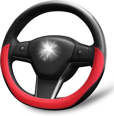 غطاء عجلة القيادة Tesla Model 3، غطاء عجلة القيادة Tesla Model 3 مصمم بجلد ممتاز ناعم ومسامي ومريح، غطاء عجلة القيادة موديل 3 (أسود وأبيض) in Saudi Arabia