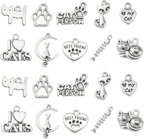 DanLingJewelry 50Pcs 10 Styles Tibetan Silver Cat Charms Antique Silver Animal Pet Cat Fish Bone Paw Prints Charms for Jewelry Making Supplies in Saudi Arabia