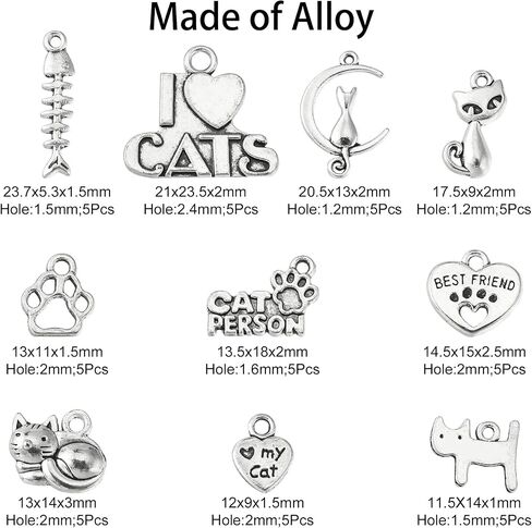 DanLingJewelry 50Pcs 10 Styles Tibetan Silver Cat Charms Antique Silver Animal Pet Cat Fish Bone Paw Prints Charms for Jewelry Making Supplies in Saudi Arabia