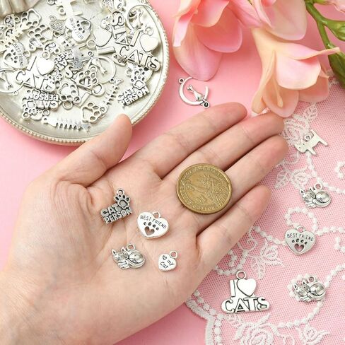 DanLingJewelry 50Pcs 10 Styles Tibetan Silver Cat Charms Antique Silver Animal Pet Cat Fish Bone Paw Prints Charms for Jewelry Making Supplies in Saudi Arabia
