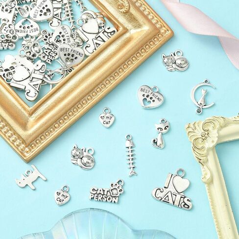 DanLingJewelry 50Pcs 10 Styles Tibetan Silver Cat Charms Antique Silver Animal Pet Cat Fish Bone Paw Prints Charms for Jewelry Making Supplies in Saudi Arabia