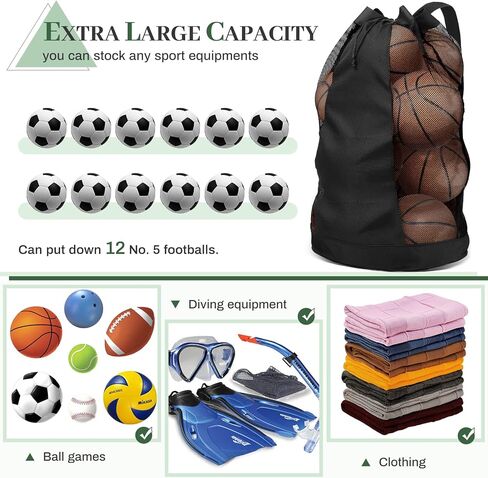 حقيبة كرات إضافية، حقيبة معدات شبكية كبيرة باللون الأسود، حقيبة كرة قدم مع حزام كتف قابل للتعديل، حقيبة رياضية شبكية من قماش أكسفورد 600D لحمل كرة القدم/كرة القدم/الكرة الطائرة (تحمل 12 كرة قدم) in Kuwait