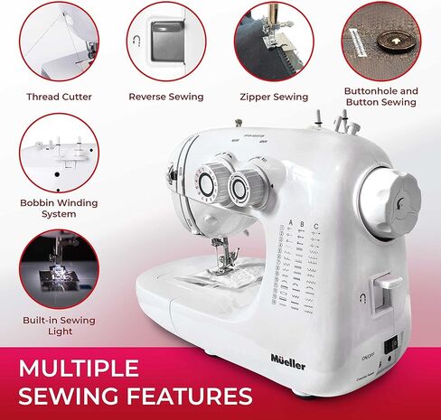 Mueller Machine For Sewing,110 Stitch Applications, Foot Pedal, LED Light, Buttonhole, Button & Zipper Sewing, User friendly, Thread Cutter and Removable Accessories Storage, White in Saudi Arabia