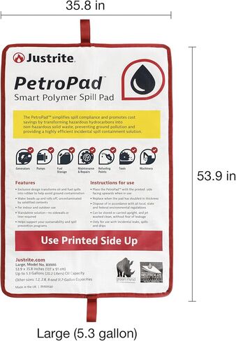 Justrite PetroPad 11.7 Gallon Capacity Oil Absorbent Pads, 85" x 53", Eco-Friendly Washable and Reusable Absorbent Oil Mat for Indoor and Outdoor Use, XX-Large, 83990 in Kuwait