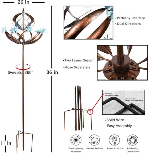 Solar Yard Wind Spinner - Kinetic Large Garden Wind Spinners Outdoor Metal, Windmill Garden Decor for Outside, Solar Powered Lawn Patio Wind Sculpture (Height 87") in Saudi Arabia