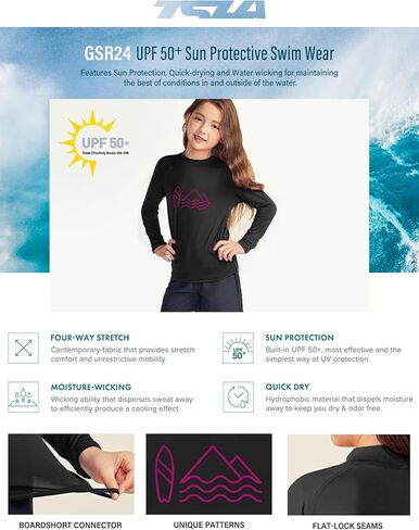 قميص TSLA للفتيات بأكمام طويلة للحماية من الطفح الجلدي، قميص سباحة لركوب الأمواج على الشاطئ بالأشعة فوق البنفسجية/SPF، عامل حماية من الشمس 50+، قمصان سباحة واقية من الشمس in Kuwait