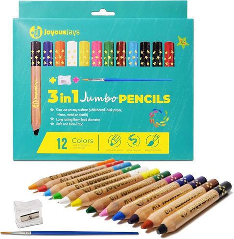 3-in-1 Jumbo Colored Pencils For Kids (Ages 3+) -12-Color Pack - Non Toxic and Washable - Wax Crayon and Watercolor, Coloring Pencils Set for Toddlers with Brush and Sharpener in Saudi Arabia