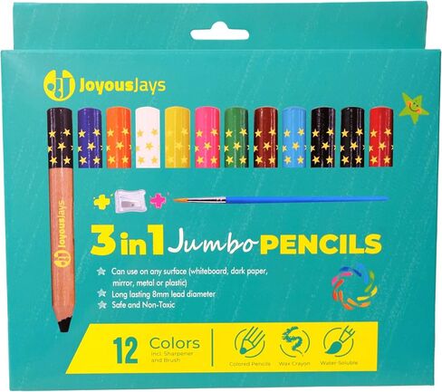 3-in-1 Jumbo Colored Pencils For Kids (Ages 3+) -12-Color Pack - Non Toxic and Washable - Wax Crayon and Watercolor, Coloring Pencils Set for Toddlers with Brush and Sharpener in Saudi Arabia