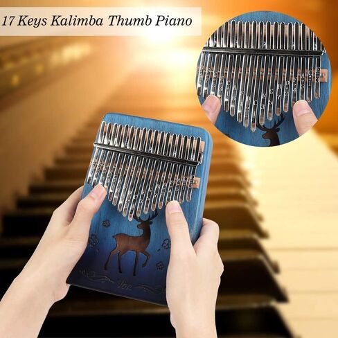 Kalimba Thumb Piano 17 Keys with Mahogany Wood with Bag, Hammer and Music Book, Perfect for Music Lover, Beginners, Children(Deer, Blue) in Kuwait
