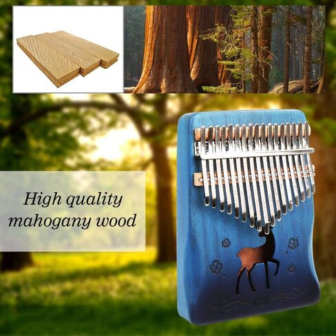 Kalimba Thumb Piano 17 Keys with Mahogany Wood with Bag, Hammer and Music Book, Perfect for Music Lover, Beginners, Children(Deer, Blue) in Kuwait