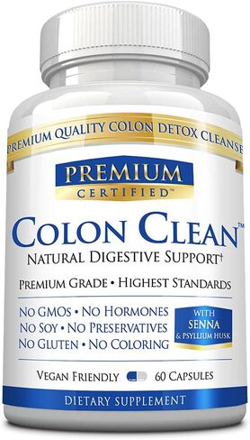 Colon Clean - Natural Colon Cleanse Support with Senna 500mg, Psyllium 400mg, Flaxseed 200mg, Probiotics 10mg - 100% Pure Ingredients - 60 Capsules in Kuwait