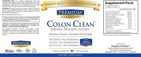 Colon Clean - Natural Colon Cleanse Support with Senna 500mg, Psyllium 400mg, Flaxseed 200mg, Probiotics 10mg - 100% Pure Ingredients - 60 Capsules in Kuwait