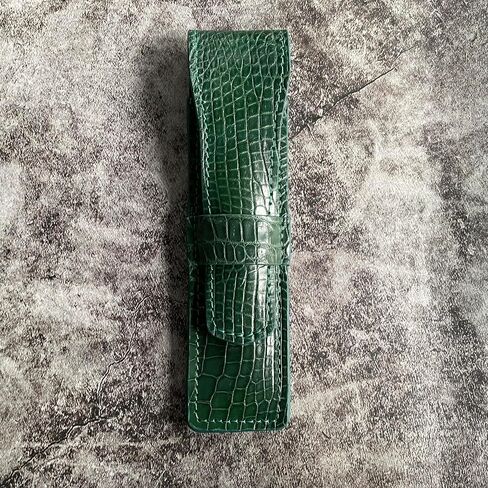 Handmade Green Alligator Pen Case, Alligator Pen Holder, Genuine Leather Pen and Pencil Case with Tuck in Flap (2-3 Pens) in Saudi Arabia