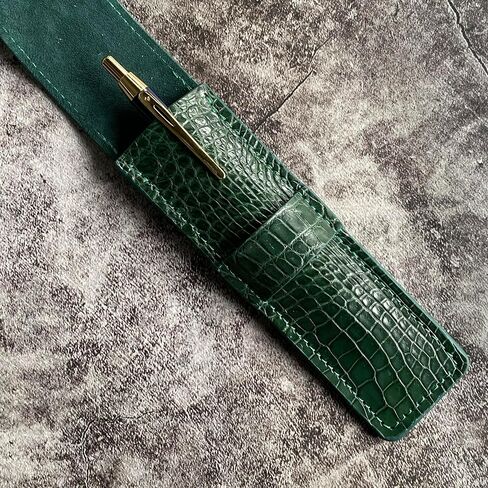 Handmade Green Alligator Pen Case, Alligator Pen Holder, Genuine Leather Pen and Pencil Case with Tuck in Flap (2-3 Pens) in Saudi Arabia