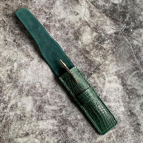 Handmade Green Alligator Pen Case, Alligator Pen Holder, Genuine Leather Pen and Pencil Case with Tuck in Flap (2-3 Pens) in Saudi Arabia