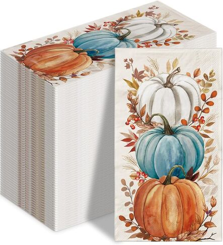 100 PCS Fall Napkin Watercolor Pumpkin Disposable Paper Napkin Rustic Dinner Hand Towel for Thanksgiving Harvest Bathroom Kitchen Home Decoration in Kuwait