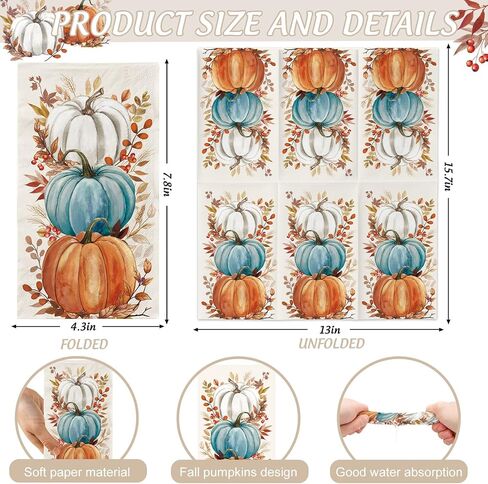 100 PCS Fall Napkin Watercolor Pumpkin Disposable Paper Napkin Rustic Dinner Hand Towel for Thanksgiving Harvest Bathroom Kitchen Home Decoration in Kuwait
