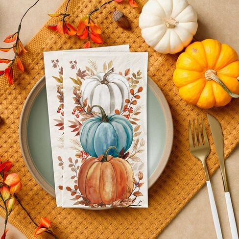 100 PCS Fall Napkin Watercolor Pumpkin Disposable Paper Napkin Rustic Dinner Hand Towel for Thanksgiving Harvest Bathroom Kitchen Home Decoration in Kuwait