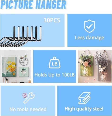 30pcs Super Hook Picture Hangers and Office Pack, Drywall Hooks for Hanging Pictures, Wall Hooks, Picture Hangers, Picture Hanging Kit，Hang Art, Clock, Shelves, Mirrors in Kuwait