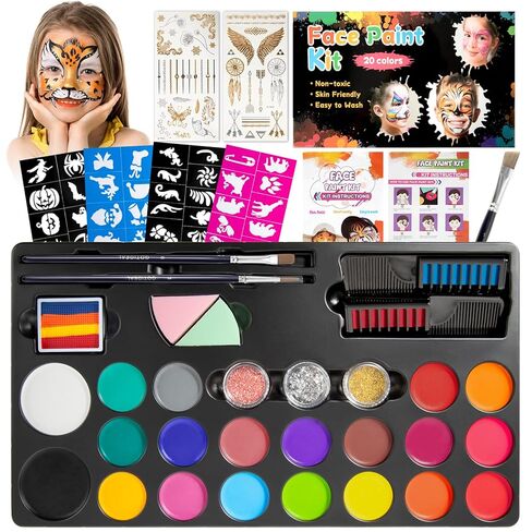GOTIDEAL Face Painting Kit for Kids-20 Colors Water Activated Skin Face Paint Palette with Brushes,Stencils,Stickers,Glitter|Professional Facepaint Makeup kit for Halloween,Cosplay,Parties in Kuwait
