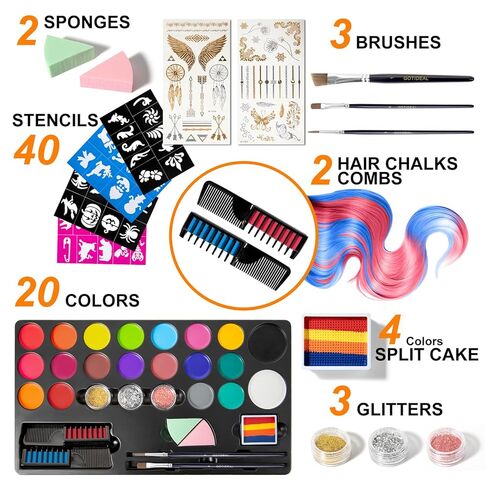 GOTIDEAL Face Painting Kit for Kids-20 Colors Water Activated Skin Face Paint Palette with Brushes,Stencils,Stickers,Glitter|Professional Facepaint Makeup kit for Halloween,Cosplay,Parties in Kuwait
