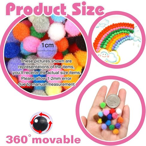 TOOOB 1900PCS حوالي 1 سم متنوعة بوم بومز متعدد الألوان غامض كرات الكرات الفنية مع عيون تذبذب لزخارف الحرف اليدوية DIY in Saudi Arabia