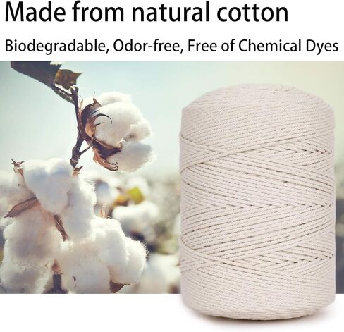Macrame Cord 4mm × 547yards ، حبل Macrame Natural Cotton - 4 خيوط ملتوية من الحبل القطن Macrame للتعليق على الحائط ، شماعات النبات ، الحرف ، غلاف الهدايا ، زينة الزفاف （4mmx500m） in Kuwait
