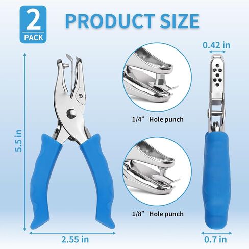 Single Hole Punch, 2 Pcs Hand Hole Puncher with Soft Grip Handle, 1/4" and 1/8" Small Hole Paper Punch for Crafts, Scrapbooks, 6 Sheets Capacity, Tags, Tickets - Blue in Kuwait