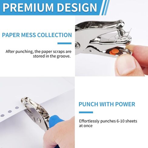 Single Hole Punch, 2 Pcs Hand Hole Puncher with Soft Grip Handle, 1/4" and 1/8" Small Hole Paper Punch for Crafts, Scrapbooks, 6 Sheets Capacity, Tags, Tickets - Blue in Kuwait