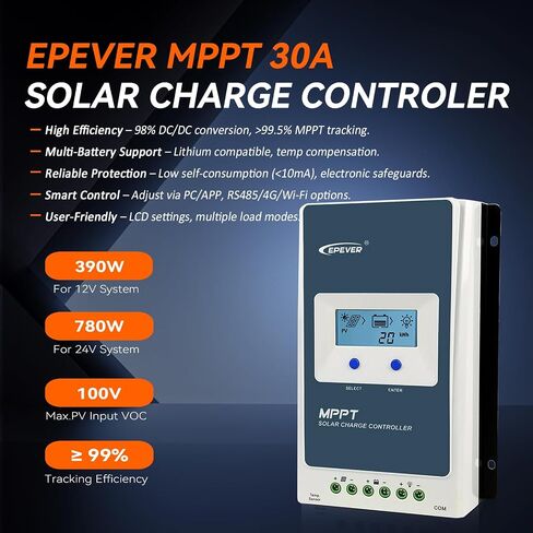جهاز التحكم بالشحن الشمسي EPEVER MPPT 30 أمبير 12 فولت 24 فولت تلقائي، جهاز التحكم بالشحن الشمسي 30 أمبير بحد أقصى 100 فولت مدخلات سلبية مؤرضة بالطاقة الشمسية لبطاريات الرصاص الحمضية والليثيوم للشحن والتفريغ in Kuwait