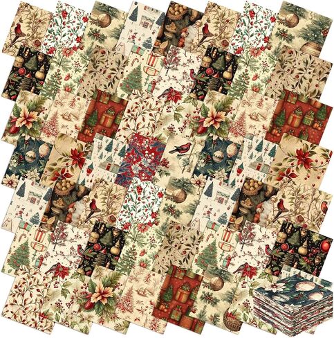 Fanfanwin 100 Pcs 5 x 5 Inch Vintage Christmas Quilting Fabric Christmas Fat Squares Patchwork Strips Santa Red Cardinal Precut Fabric Bundles for Xmas Handmade Crafting DIY Craft Sewing Material in Saudi Arabia