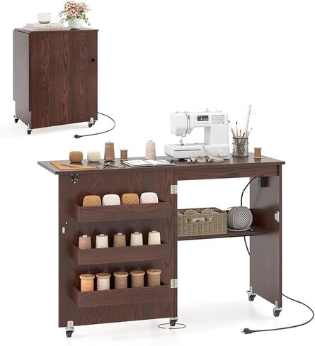 COSTWAY Sewing Machine Table with Charging Station, Folding Sewing Cabinet w/Lockable Casters, 3-Tier Shelf, Middle Rack, Magnetic Door, Small Sewing Desk for Home Apartment, Studio (White & Natural) in Kuwait